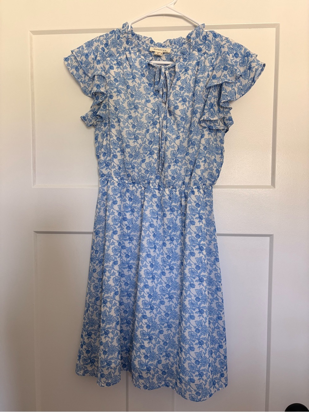 Monteau Blue Floral Tie-Neck Midi Dress